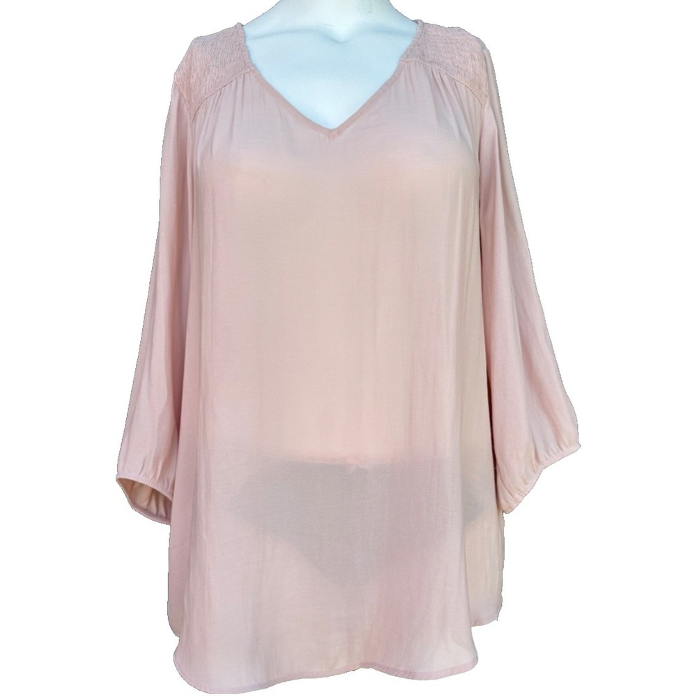Torrid Crepe Smocked Blush Top 1X 14/16 Sheer V Neck Puff Sleeve Ethereal Chic